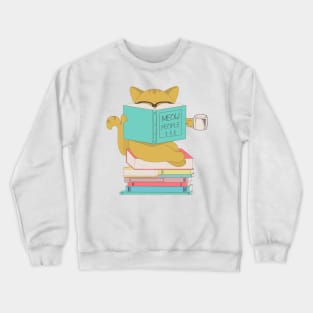 Cat with glasses drinking coffee or tea and reading book Crewneck Sweatshirt